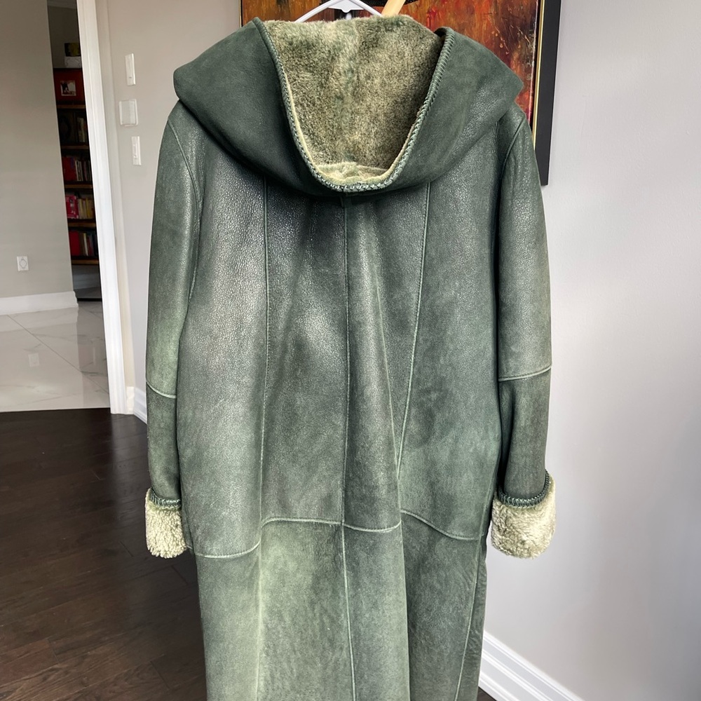 HARTMAN Shearling Coat | Vintage Green Sheepskin Suede Fur Jacket - Picture 5 of 17